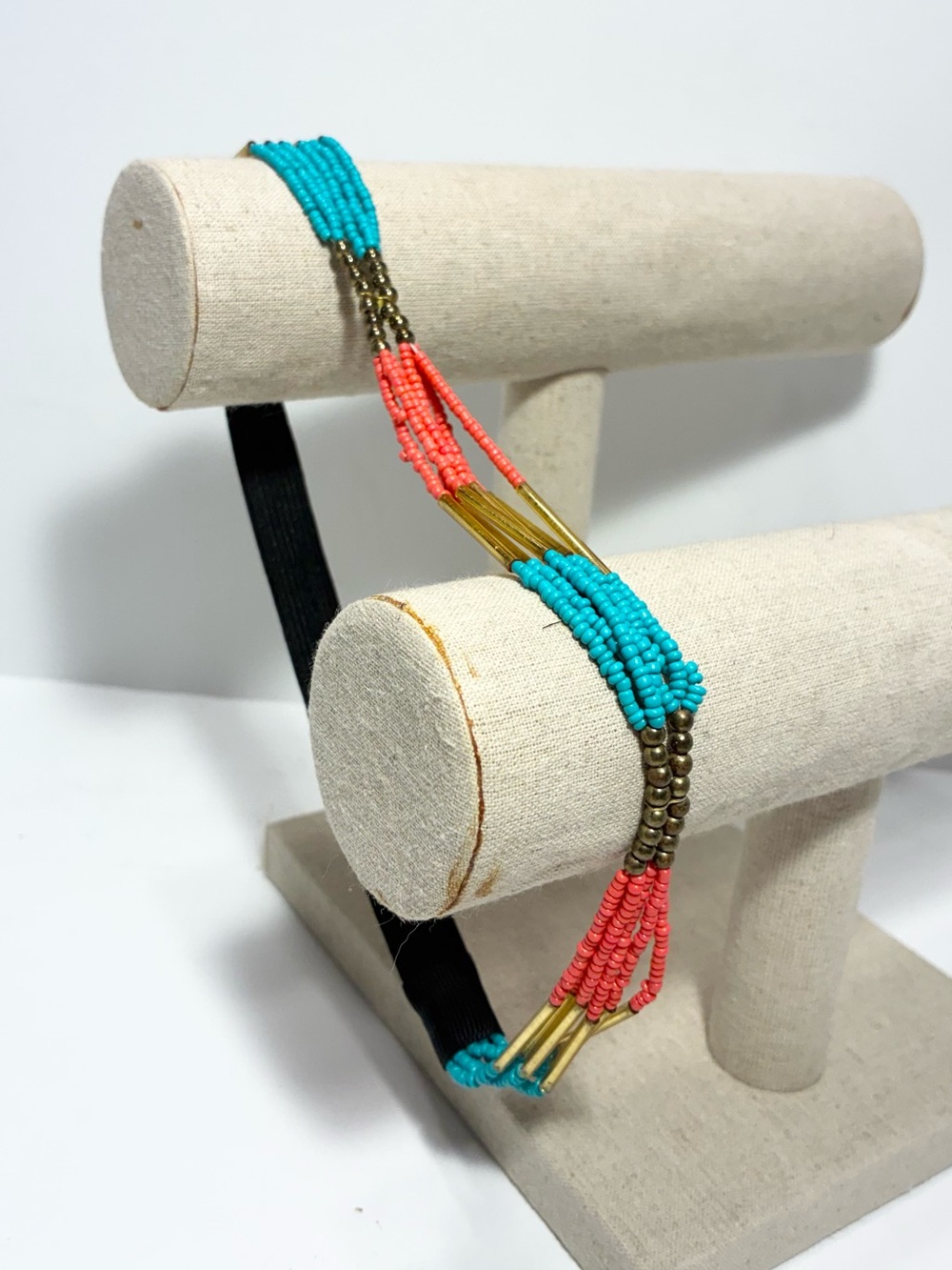 Boho Seed Bead Stretch Headband Turquoise Coral Gold